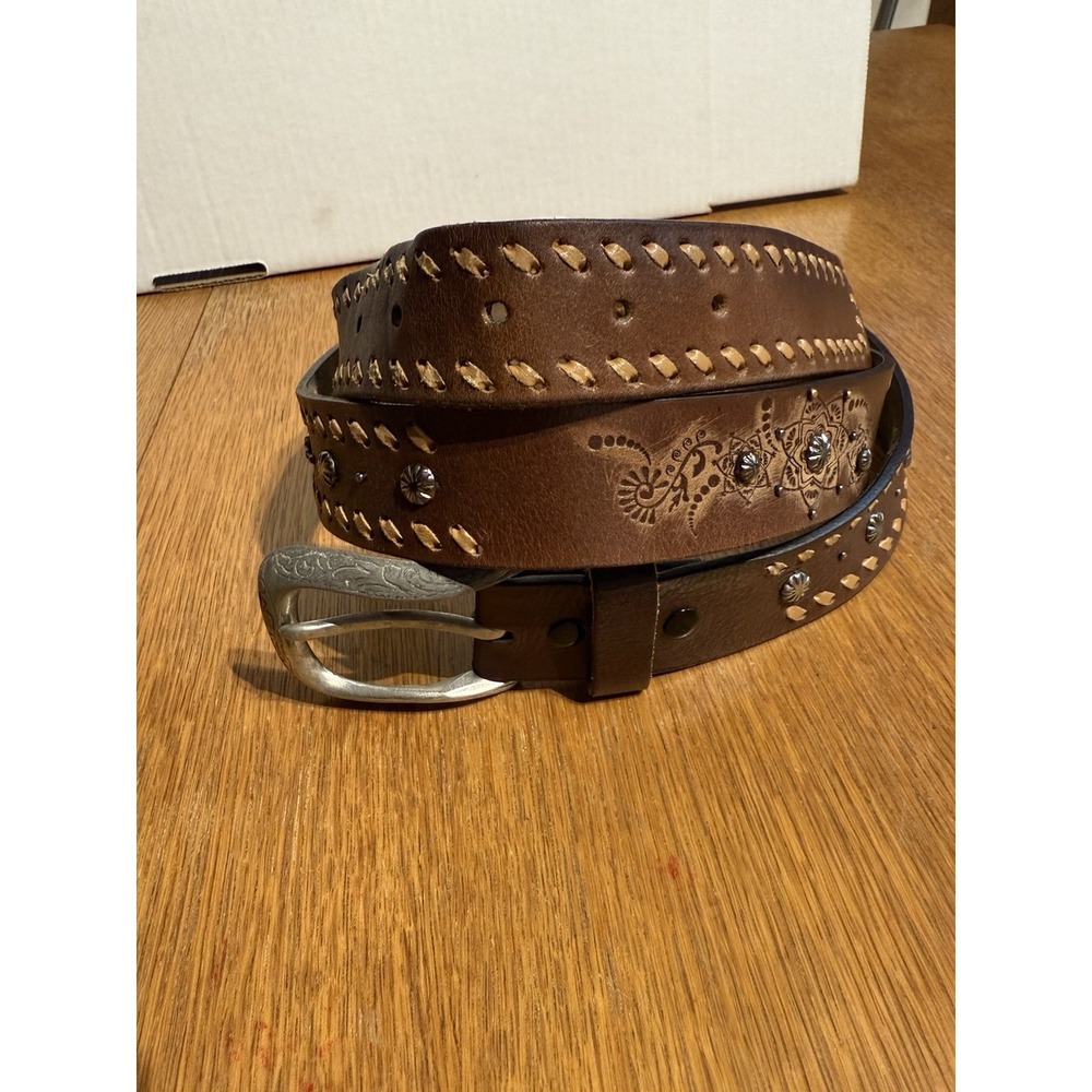 Western Leather Belt XXL Brown Rawhide Stitch Tooled Studded Engraved Buckle 1.5